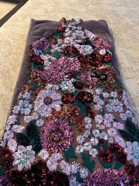 Embellished Floral Sequin Mesh Fabric Panel - Lavender, Burgundy, Green